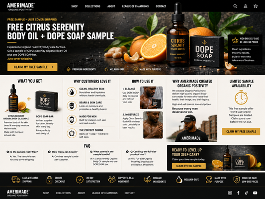 Amerimade product page with Citrus Serenity body oil and Dope soap, featuring text and images on a black background.
