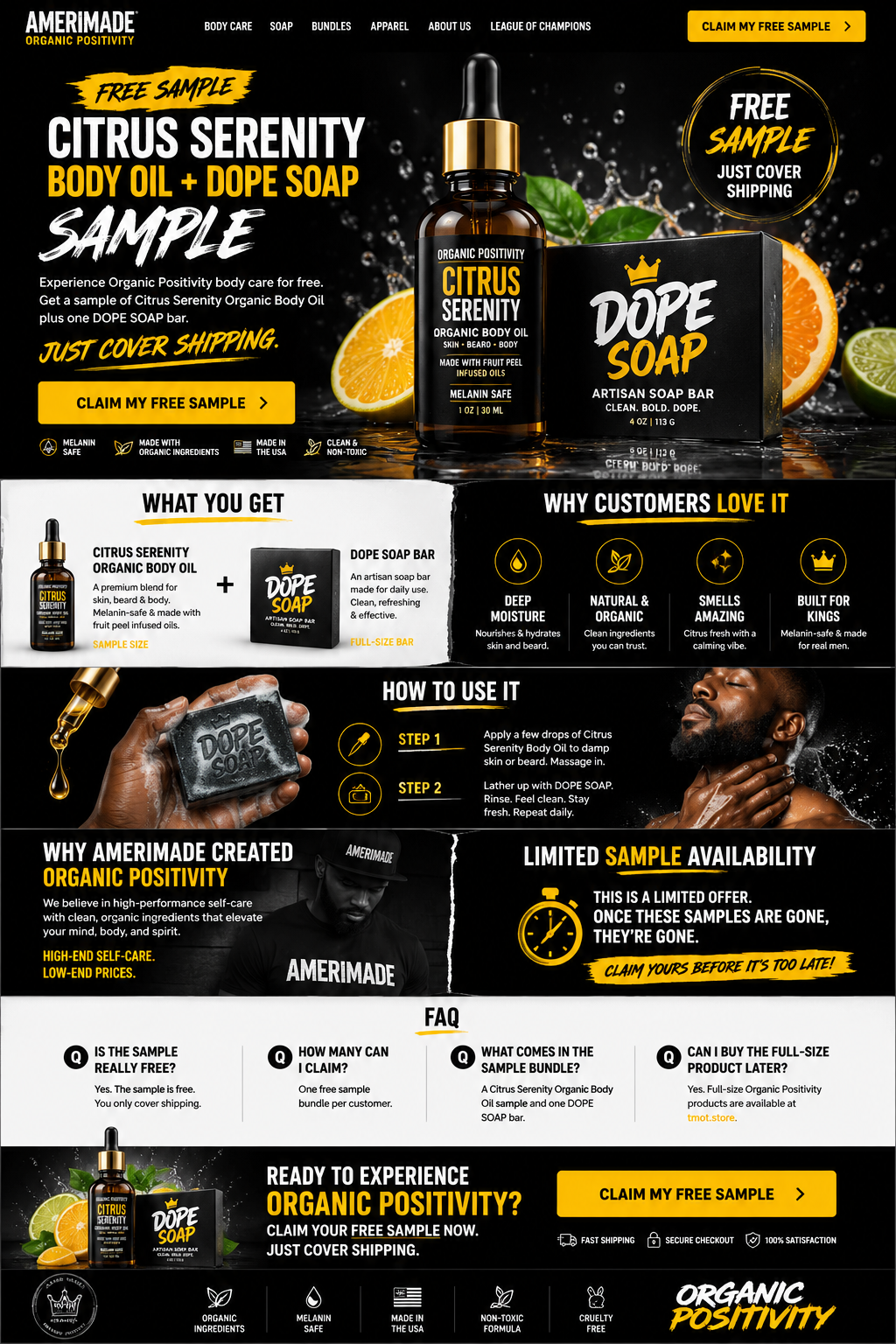 Promotional image for Anerimade Citrus Serenity body oil and Dope soap with product packaging and branding.