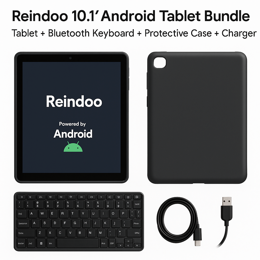 Reindoo 10.1” Android Tablet Productivity Bundle – Keyboard + Protective Case + Charger + 32GB MicroSD tmot.store