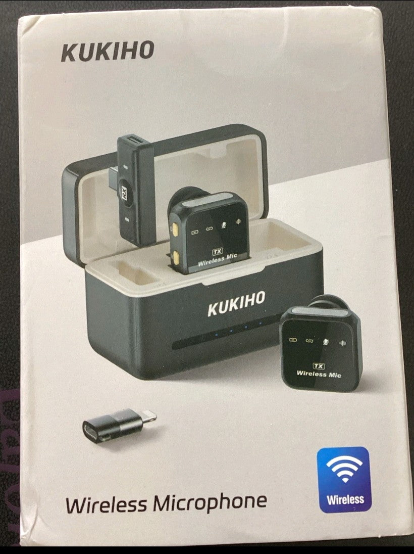 KUKIHO wireless microphone set on a packaging box with a black background
