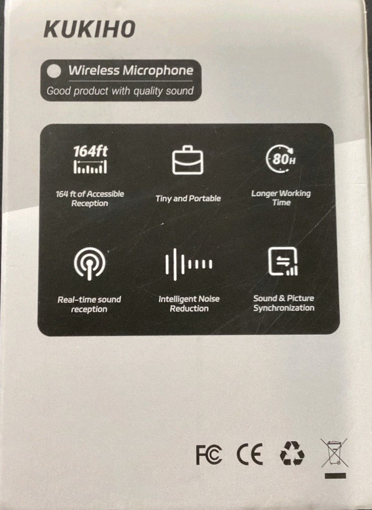 KUKIHO wireless microphone packaging with features listed on a black label.