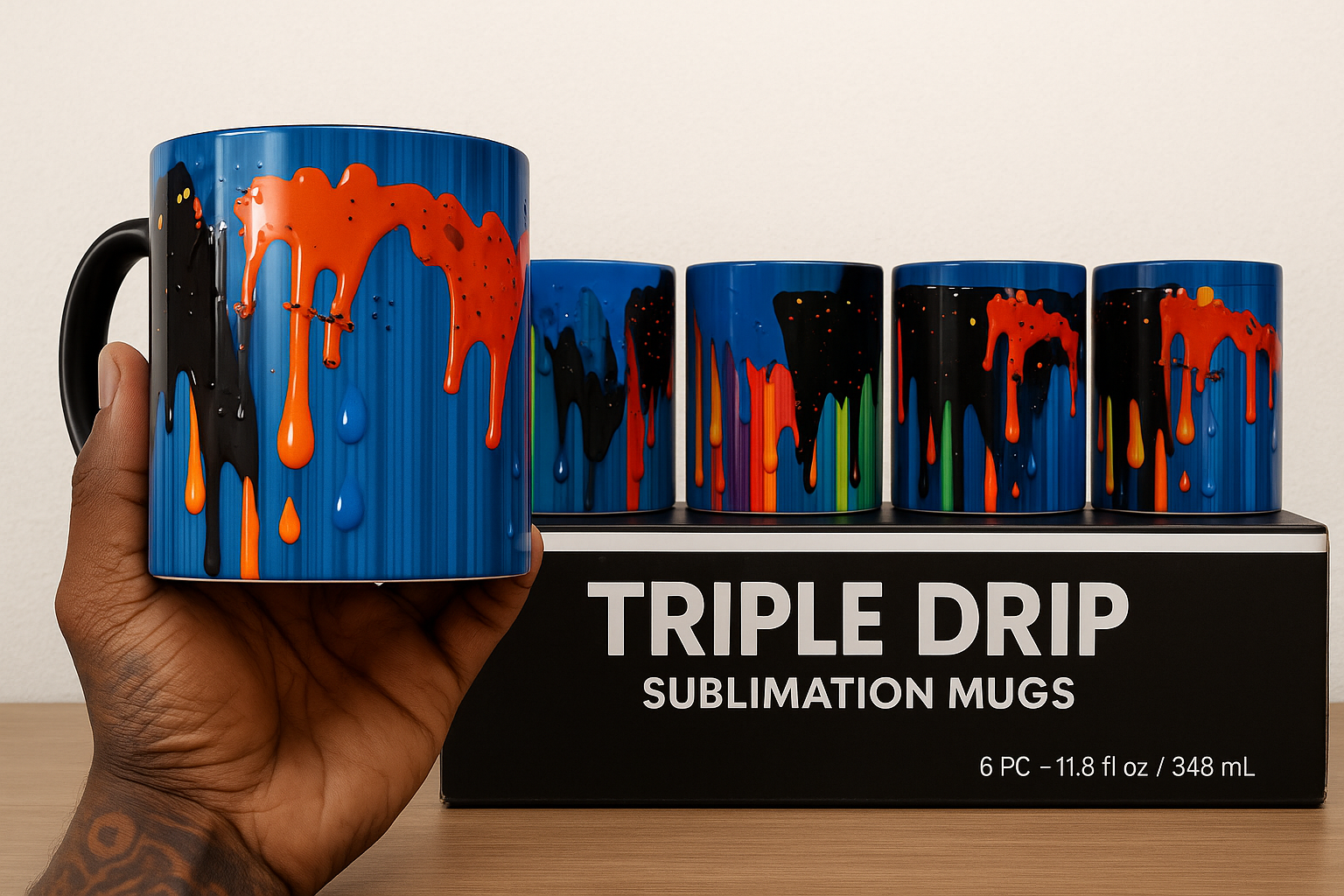 Set of Triple Drip sublimation mugs with a hand holding one mug, displayed against a neutral background.