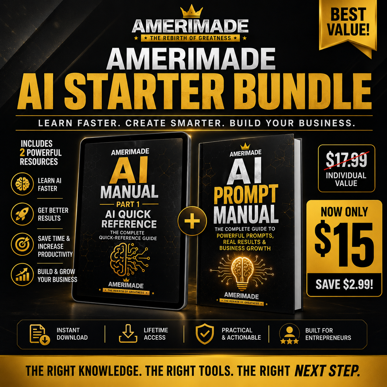AMERIMADE AI Starter Bundle featuring the AI Quick Reference and AI Prompt Manual for $15