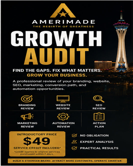 AMERIMADE Growth Audit offer graphic filling a 4 by 5 mobile product frame