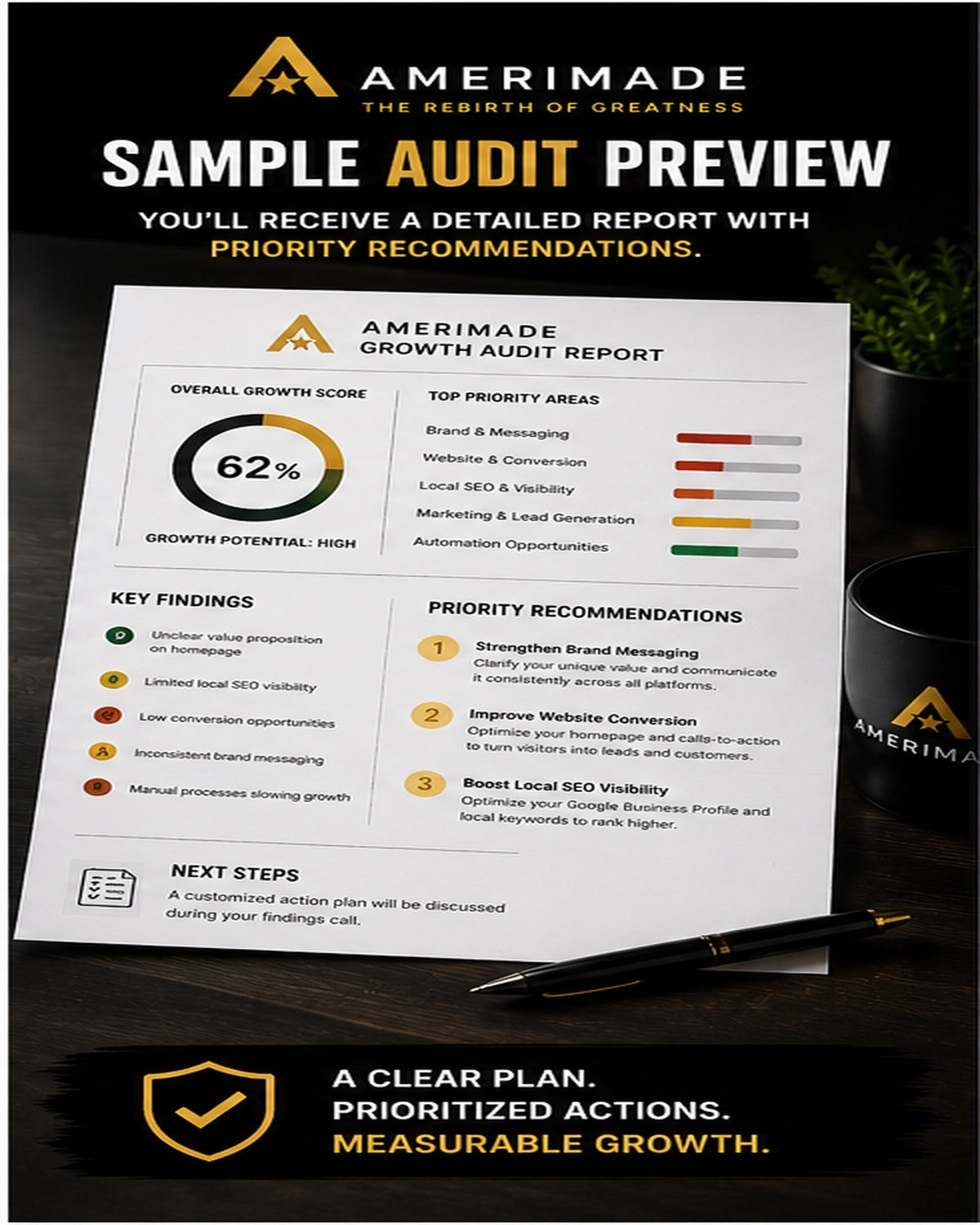 AMERIMADE Growth Audit sample report graphic filling a 4 by 5 mobile product frame