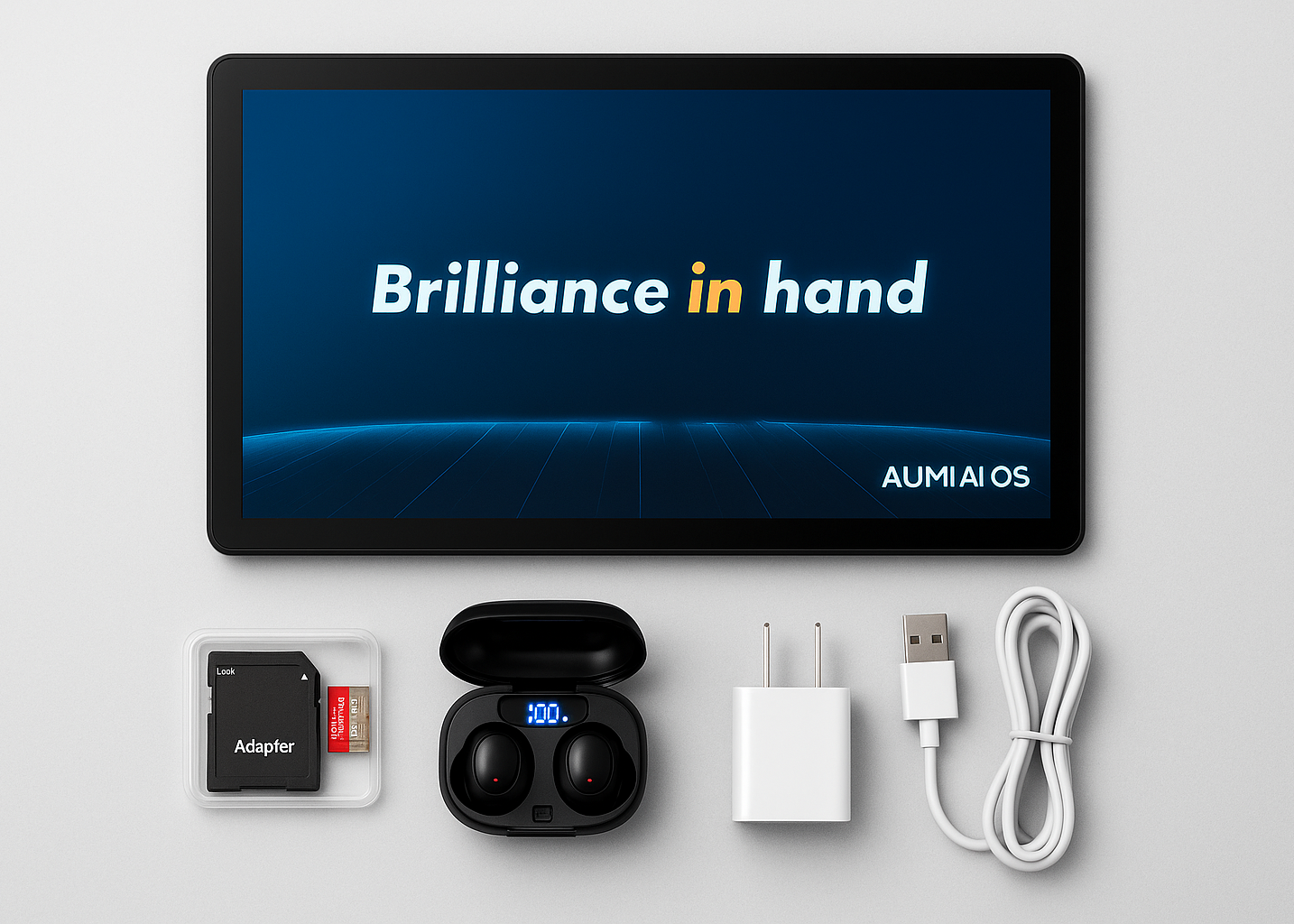 Tablet with accessories including a memory card, earbuds, adapter, and cable on a light gray background.