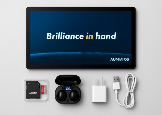 Tablet with accessories including a memory card, earbuds, adapter, and cable on a light gray background.