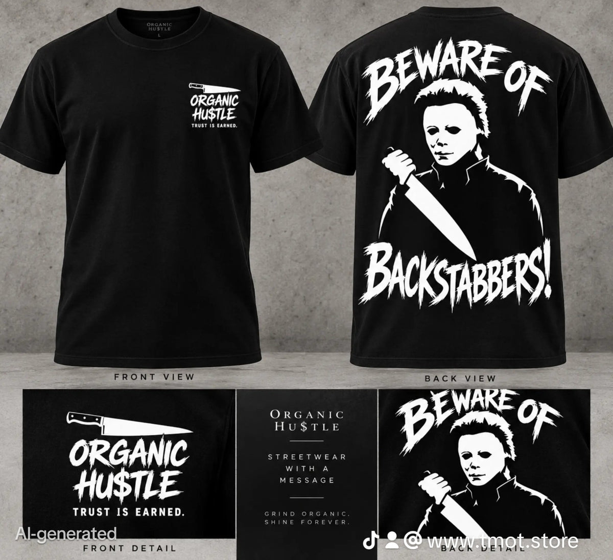 Promotional mockup of the short-sleeve tee showing front and back designs