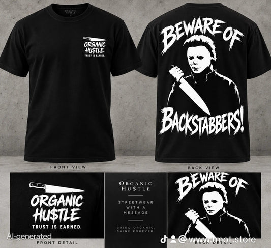 Promotional mockup of the short-sleeve tee showing front and back designs