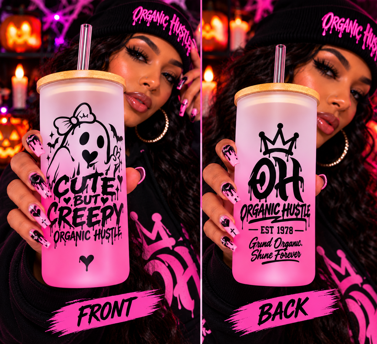 Cute But Creepy pink tumbler front and back