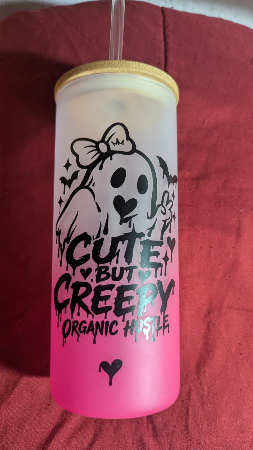 Organic Hu$tle Cute But Creepy pink tumbler actual front