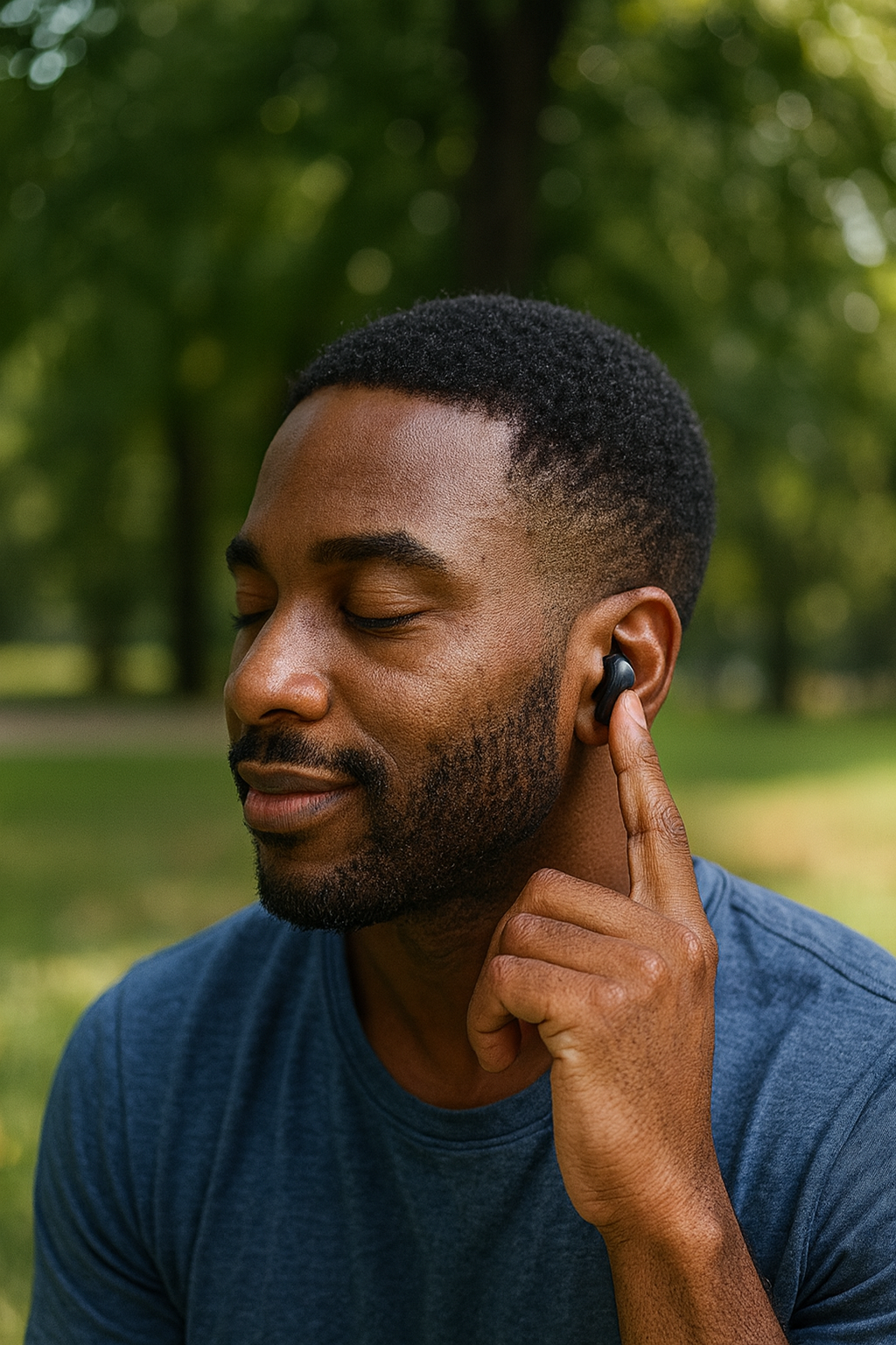 Man adjusting earbuds outdoors with trees in the background