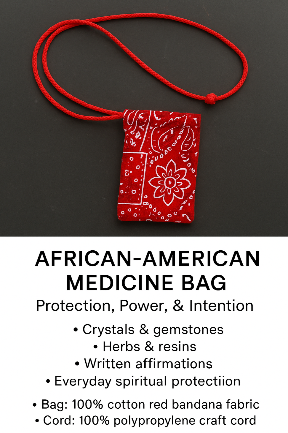 Red bandana medicine bag with a cord on a dark background