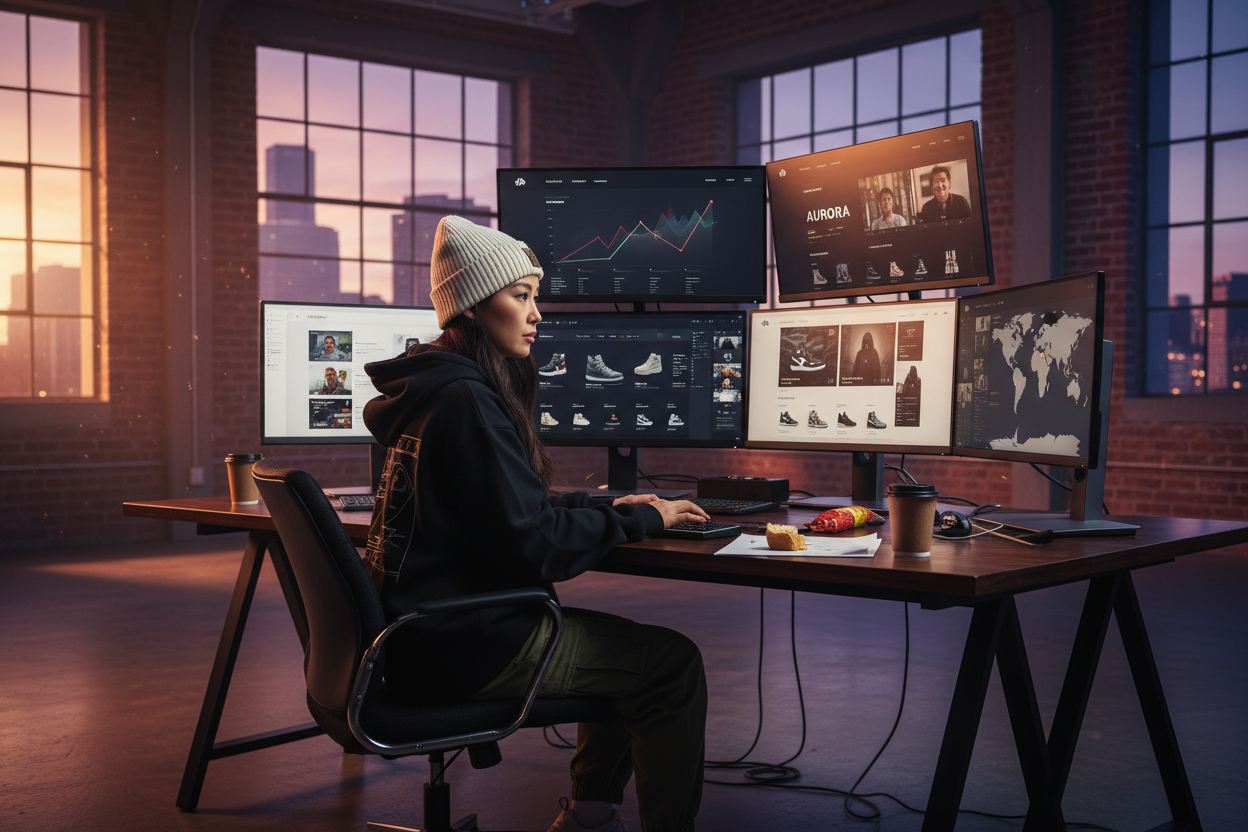 Entrepreneur building an online business at a premium urban loft workspace with multiple screens