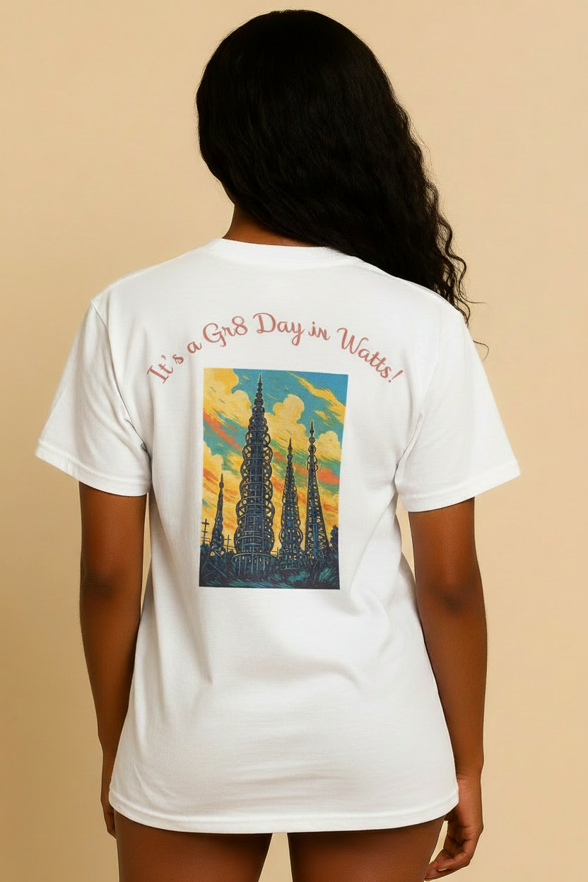 Model back view - Watts Day t-shirt