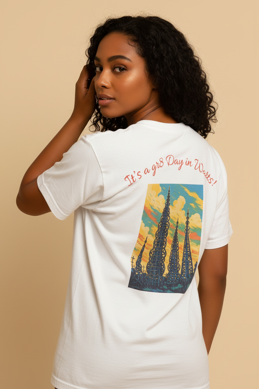 Model back view - Watts Day t-shirt