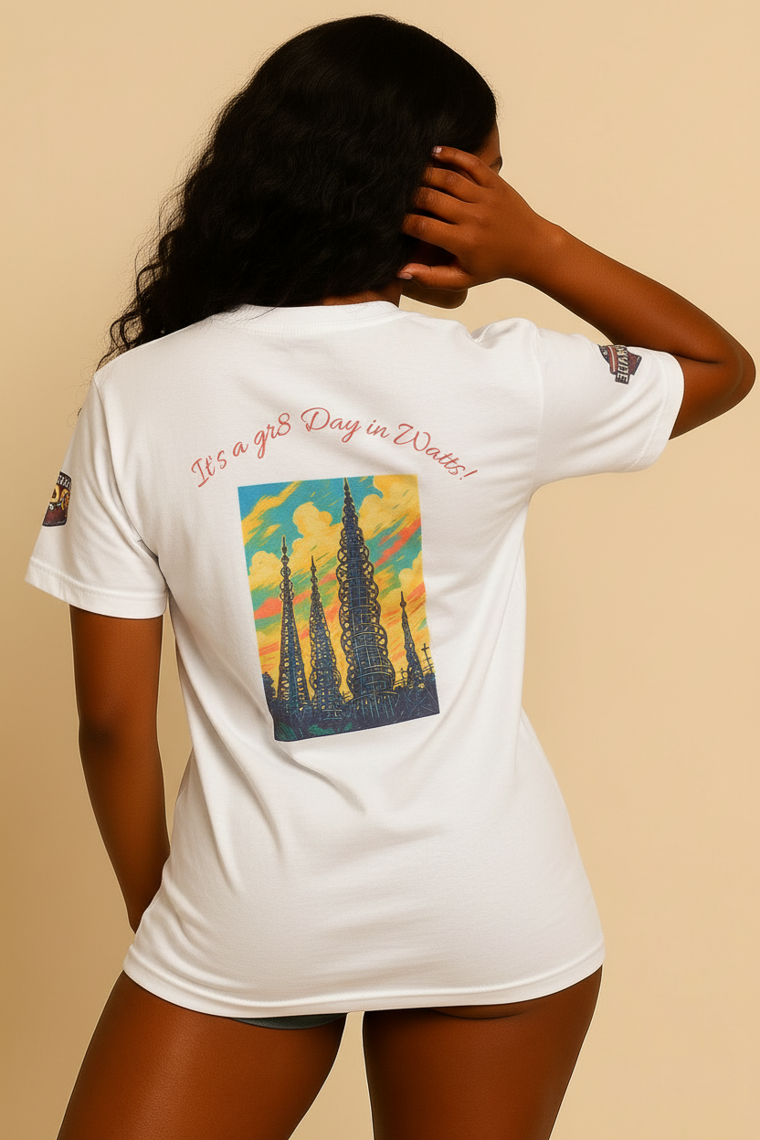 Model wearing Watts t-shirt