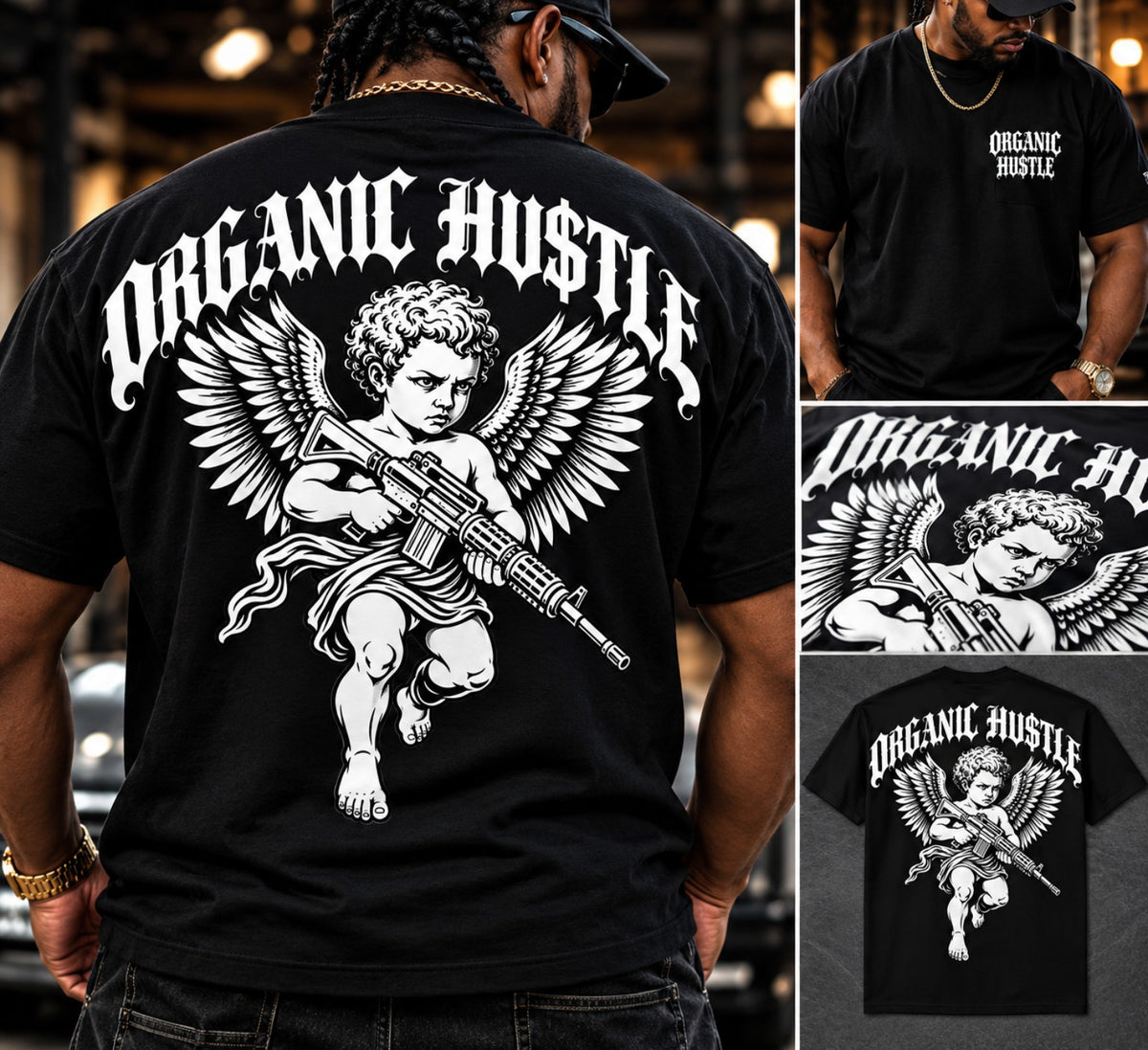 Promotional mockup of black Guardian Angel tee showing front chest lettering and cherub back graphic