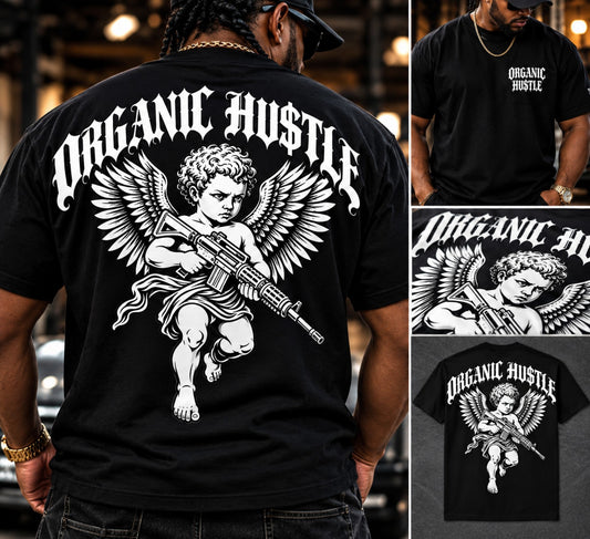 Promotional mockup of black Guardian Angel tee showing front chest lettering and cherub back graphic