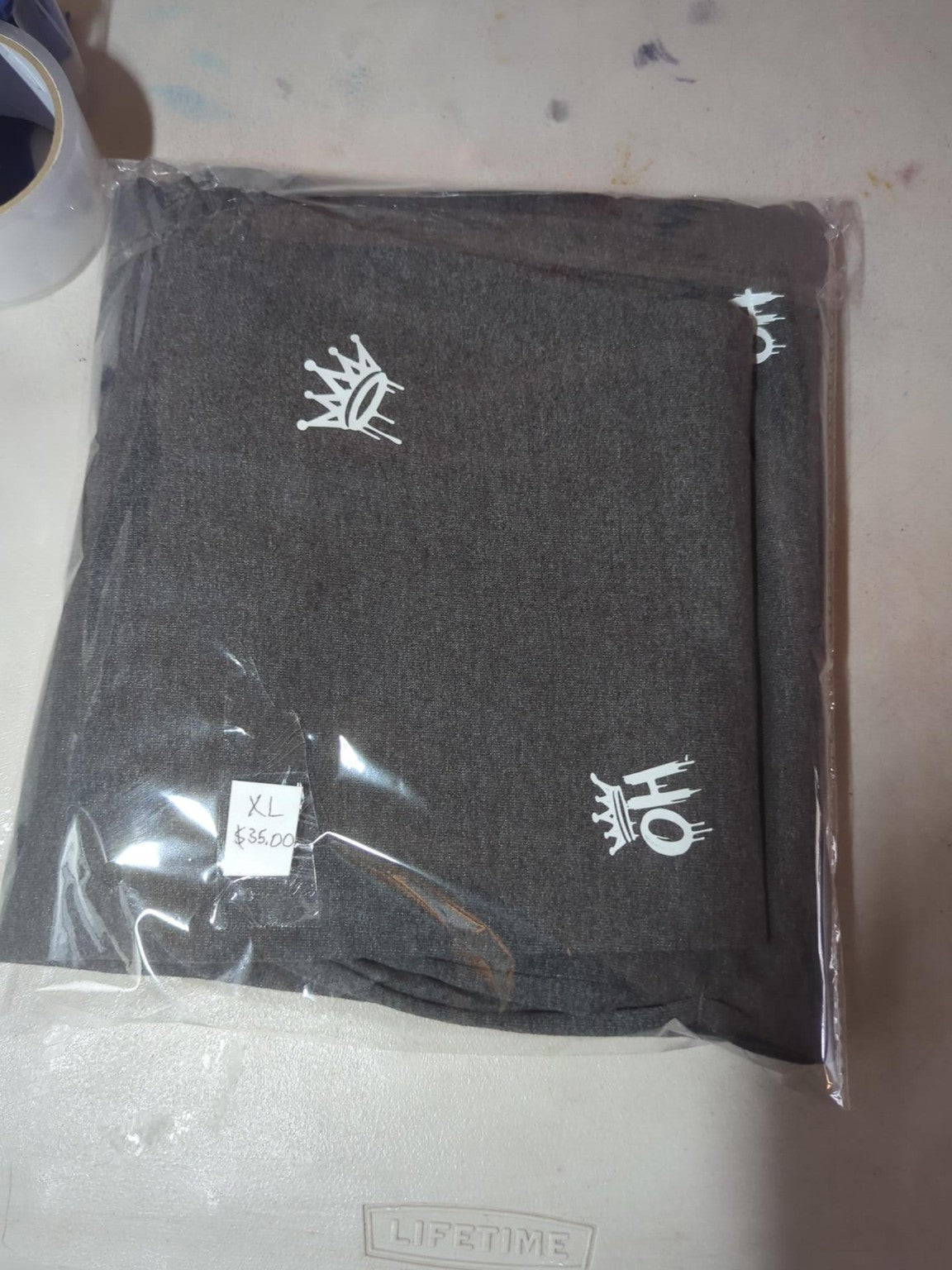 Actual packaged charcoal gray Organic Hu$tle sweatpants size XL