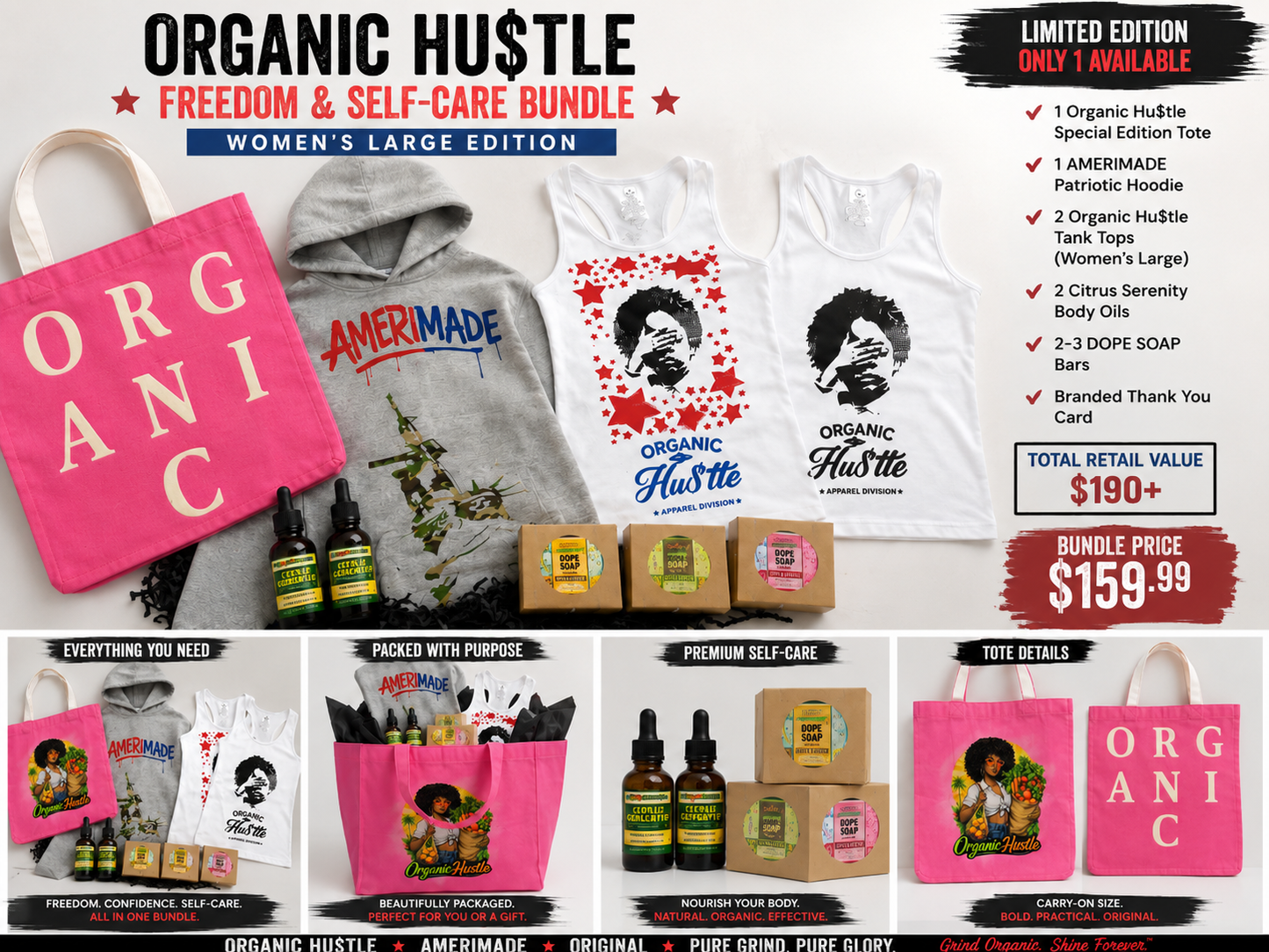 Organic Hu$tle Freedom and Self-Care Bundle with patriotic hoodie, two women’s tank tops, Citrus Serenity body oils, DOPE SOAP, and pink tote bag.