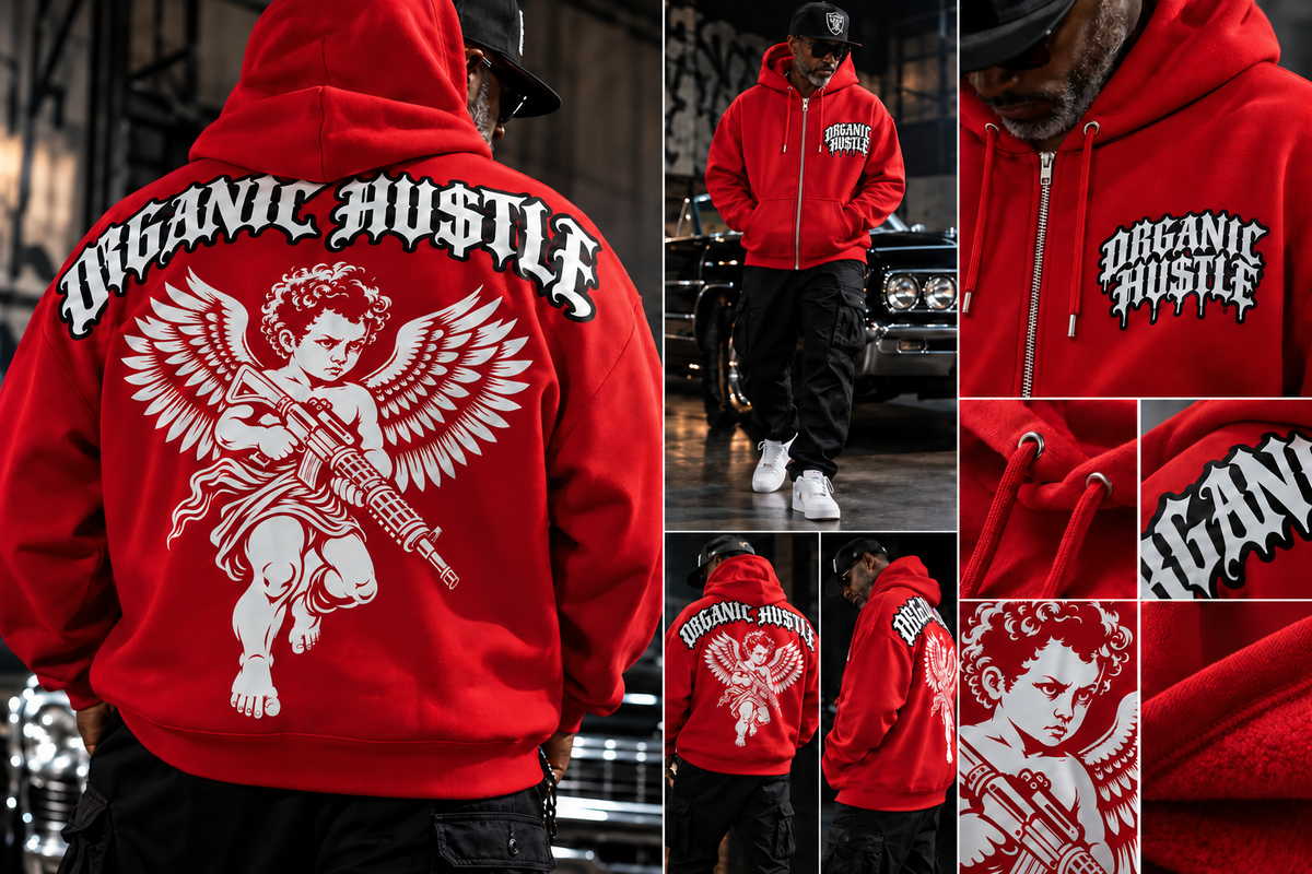 Styling mockup collage of the red Organic Hu$tle Guardian Angel zip-up hoodie showing front zipper, chest logo, and angel back graphic