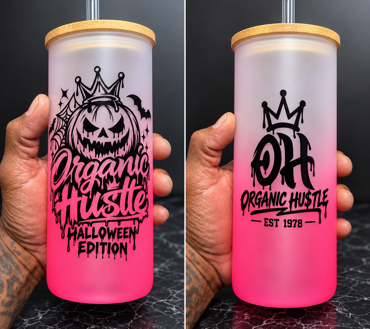 Organic Hu$tle Halloween Edition pink frosted glass tumbler front and back