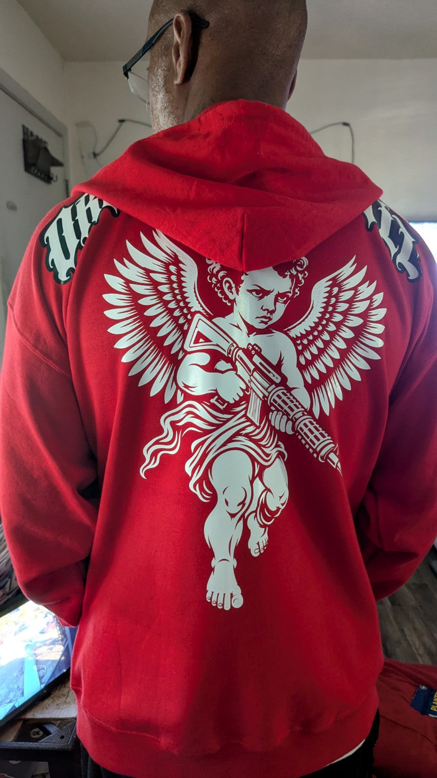 Red Organic Hu$tle Guardian Angel hoodie worn with the hood down, viewed from the back