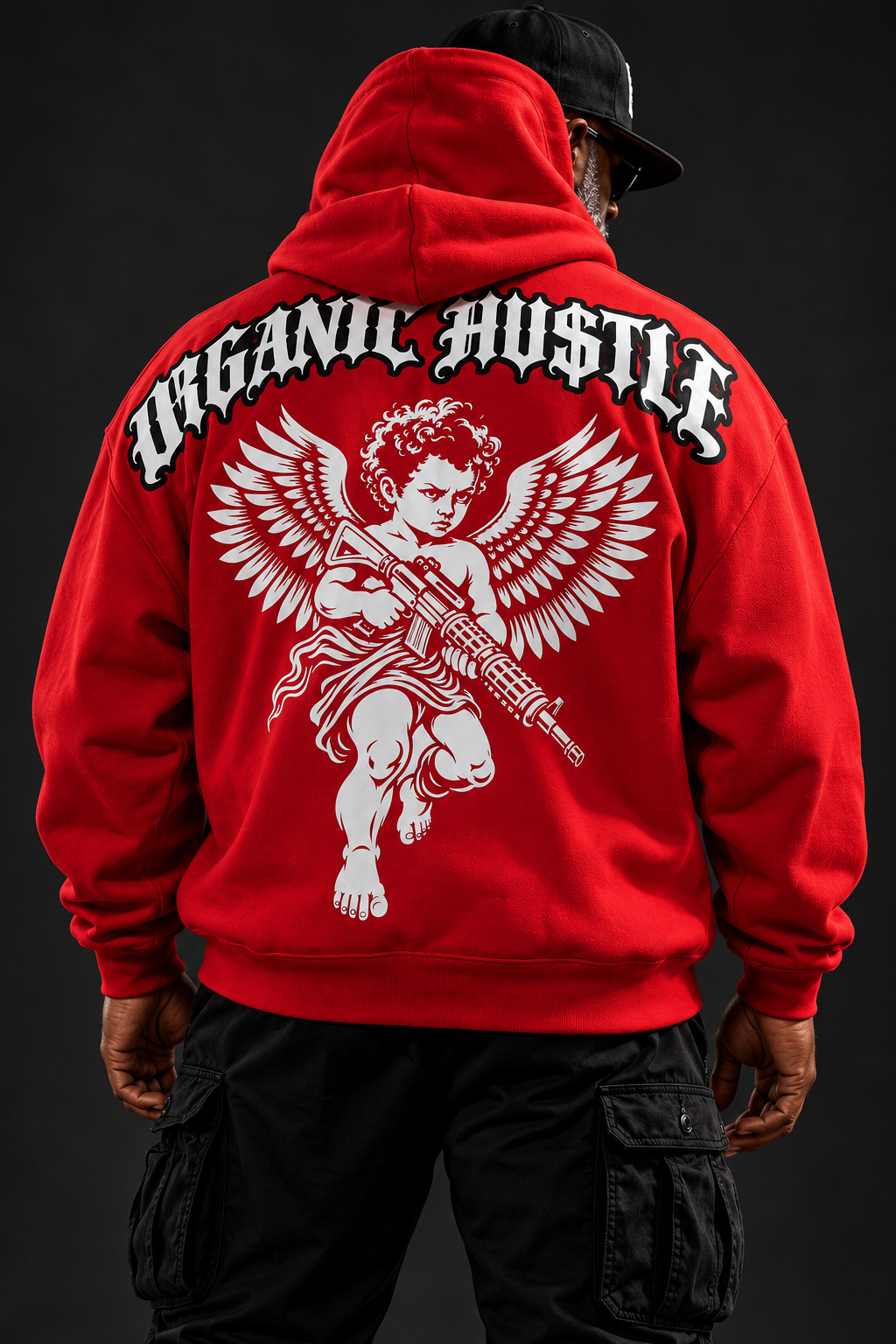 Studio styling mockup showing the red Guardian Angel hoodie and white angel back artwork