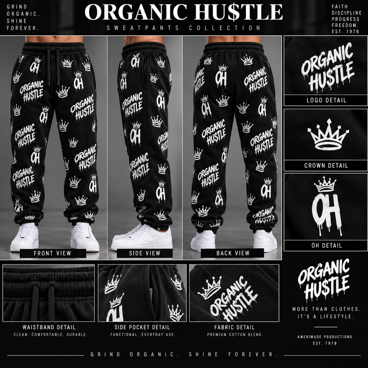 Illustrative black Organic Hu$tle sweatpants mockup