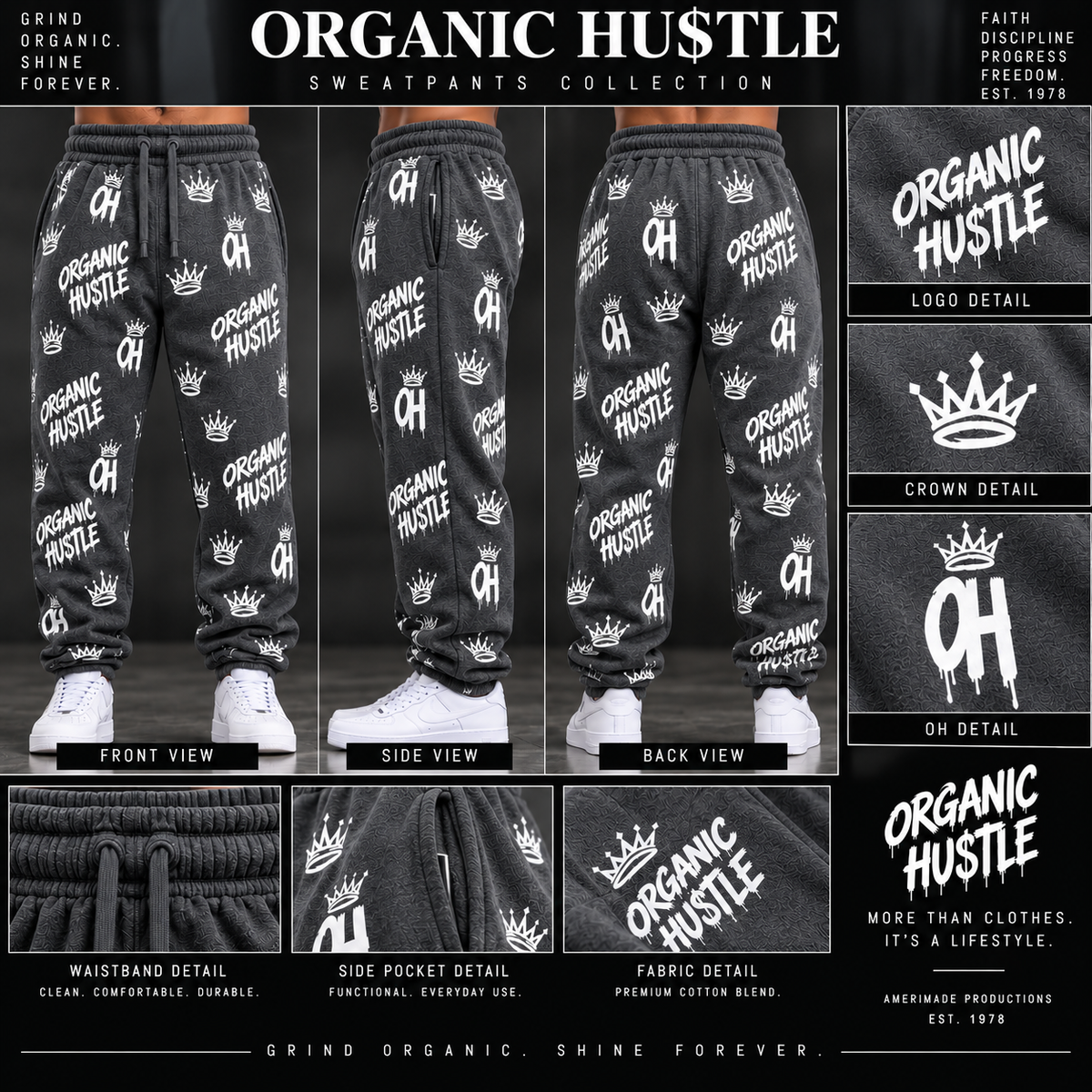 Illustrative dark charcoal gray Organic Hu$tle sweatpants mockup
