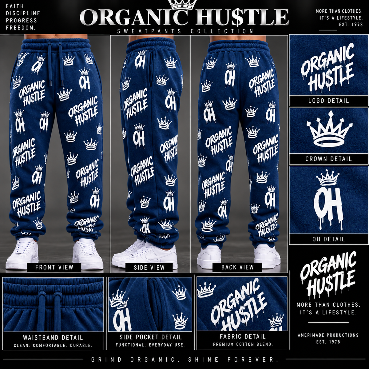 Illustrative navy blue Organic Hu$tle sweatpants mockup