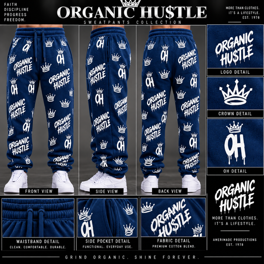 Illustrative navy blue Organic Hu$tle sweatpants mockup