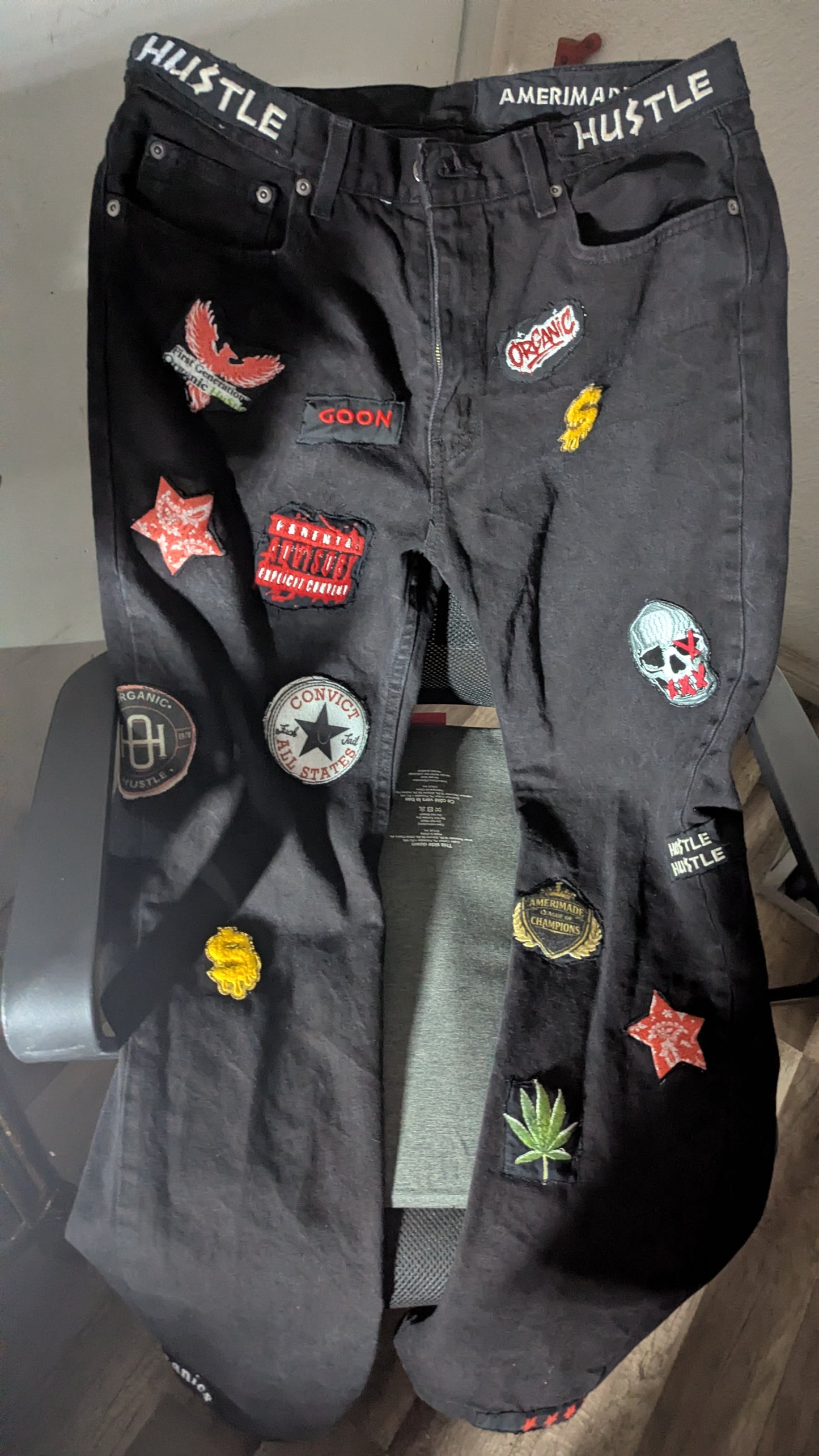 Organic Hu$tle Patchwork Jeans – Custom AMERIMADE Streetwear Denim (Men’s 34x34)