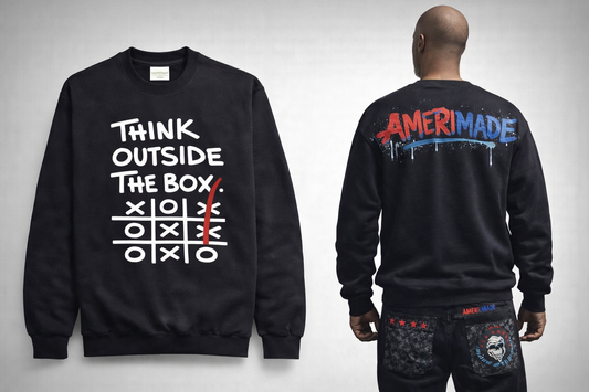 AMERIMADE Think Outside The Box Set – Graphic Sweatshirt + Organic Hu$tle Patchwork Jeans