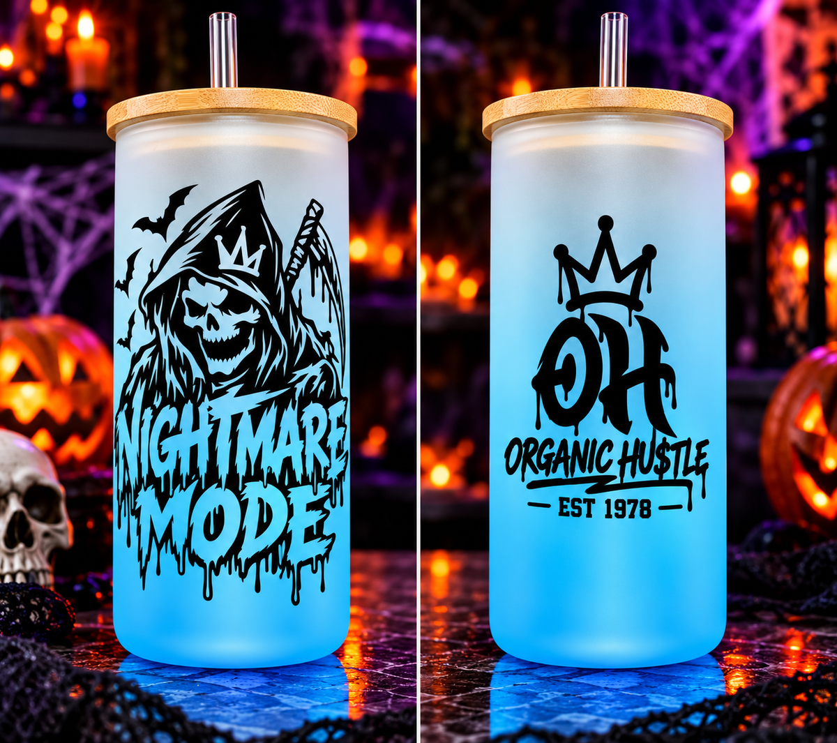 Nightmare Mode Halloween Blue Frosted Glass Tumbler – 16 oz