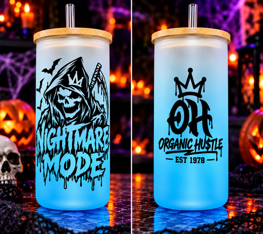 Nightmare Mode Halloween Blue Frosted Glass Tumbler – 16 oz