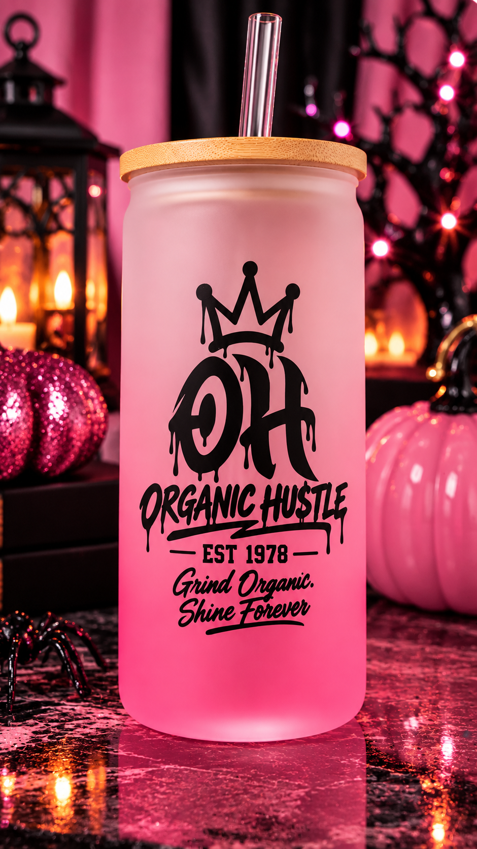 Organic Hu$tle Halloween Edition Pink Frosted Glass Tumbler – 16 oz