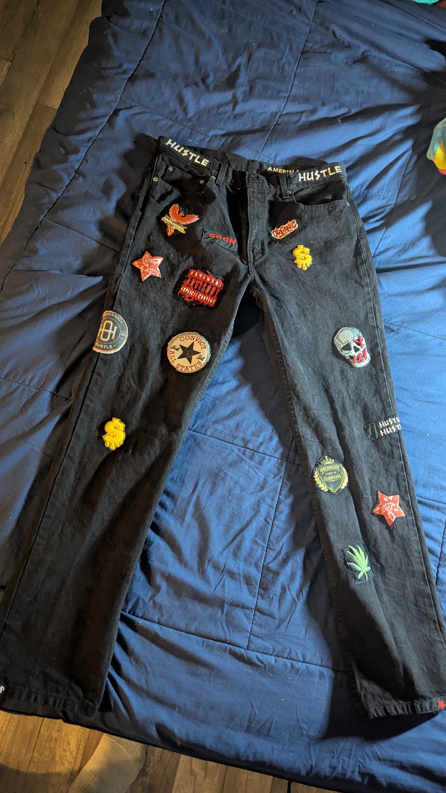 Organic Hu$tle Patchwork Jeans – Custom AMERIMADE Streetwear Denim (Men’s 34x34)