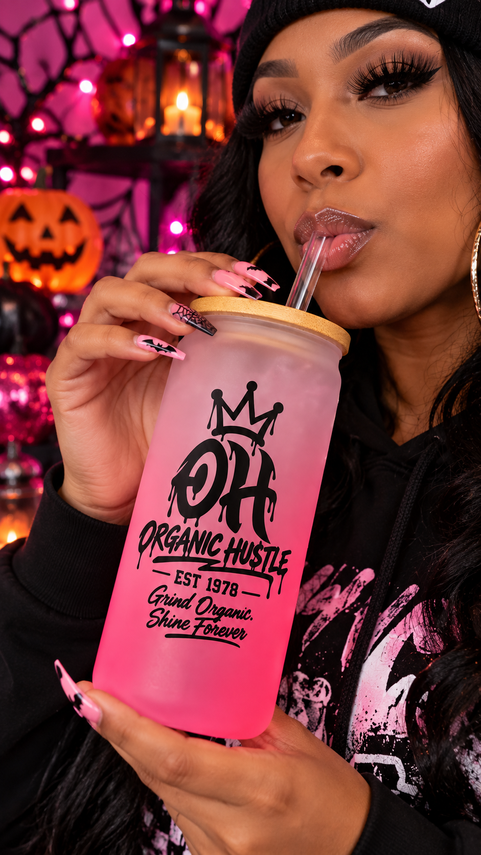 Organic Hu$tle Halloween Edition Pink Frosted Glass Tumbler – 16 oz