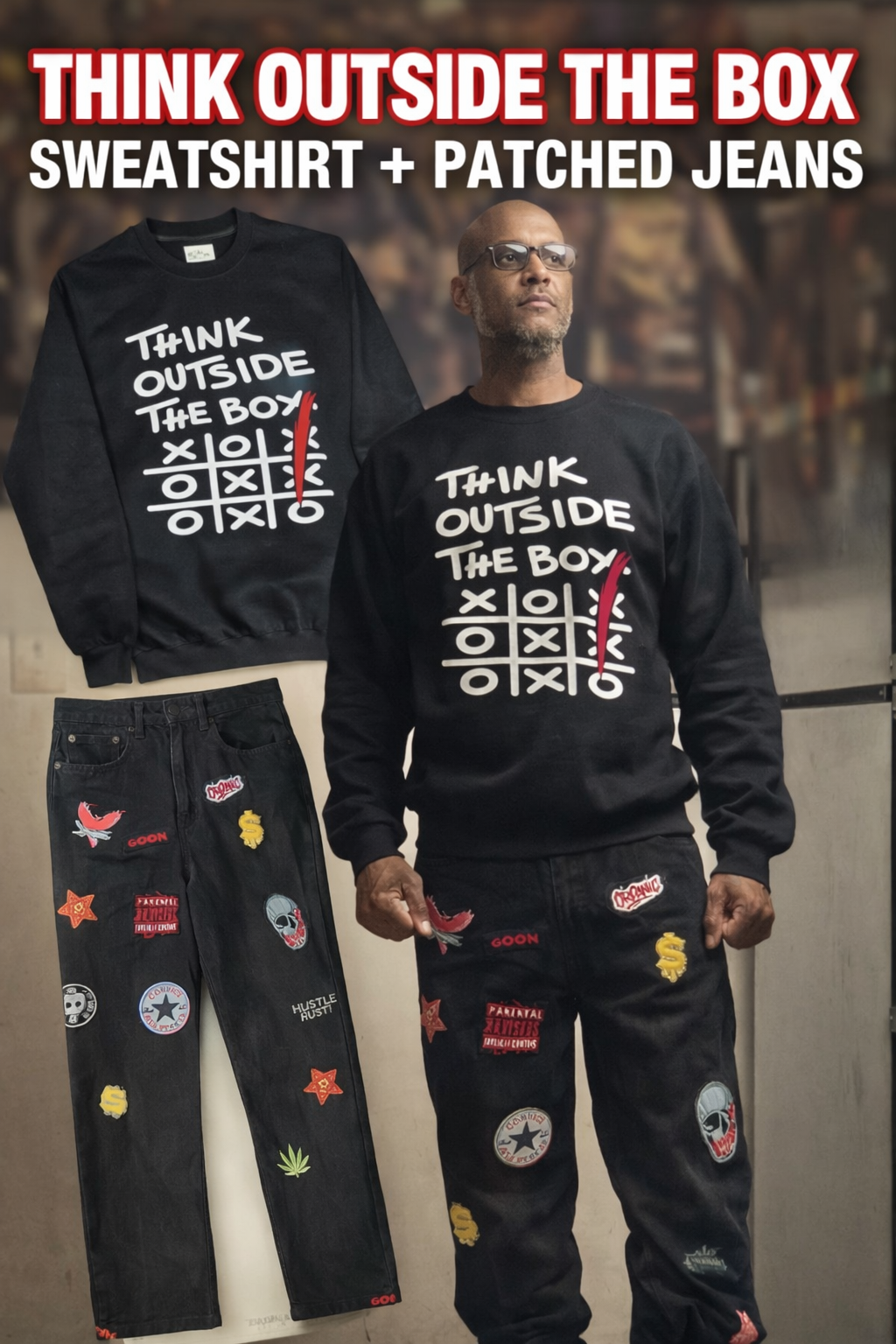 AMERIMADE Think Outside The Box Set – Graphic Sweatshirt + Organic Hu$tle Patchwork Jeans