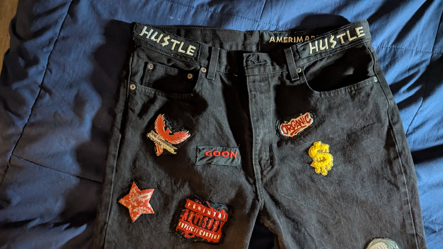 Organic Hu$tle Patchwork Jeans – Custom AMERIMADE Streetwear Denim (Men’s 34x34)