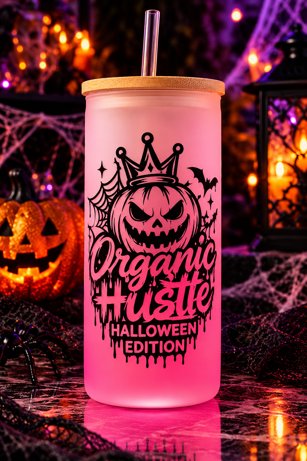 Organic Hu$tle Halloween Edition Pink Frosted Glass Tumbler – 16 oz