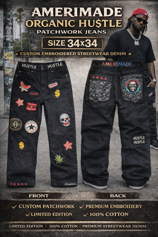 Organic Hu$tle Patchwork Jeans – Custom AMERIMADE Streetwear Denim (Men’s 34x34)