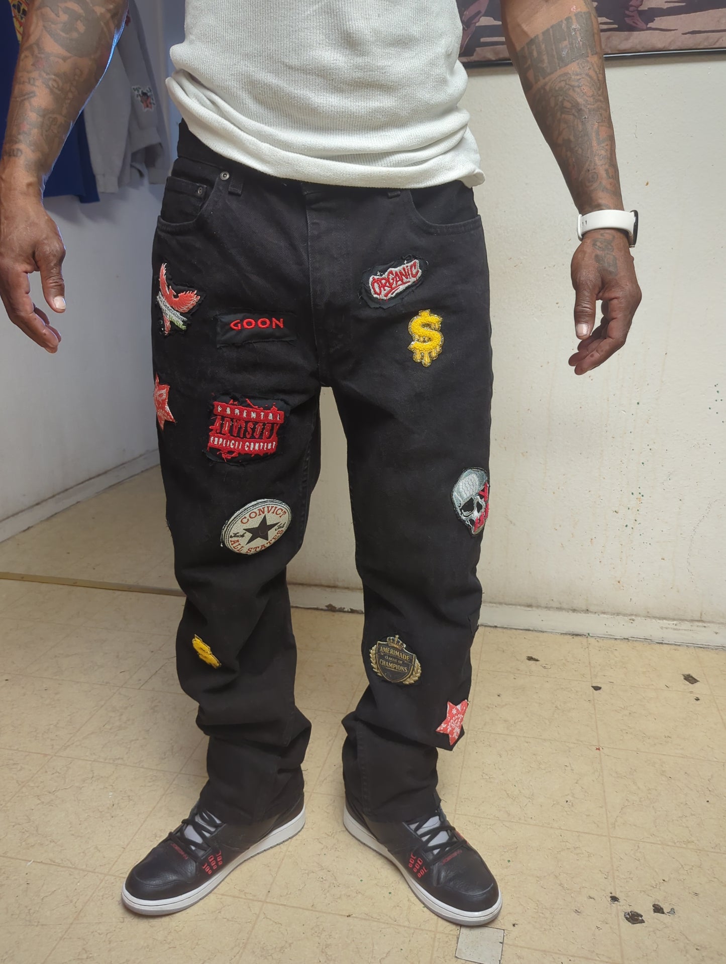 Organic Hu$tle Patchwork Jeans – Custom AMERIMADE Streetwear Denim (Men’s 34x34)