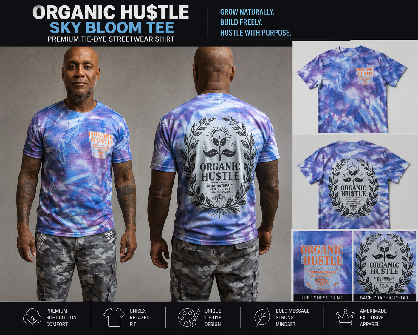Organic Hu$tle Sky Bloom Tee | Premium Tie-Dye Streetwear Shirt