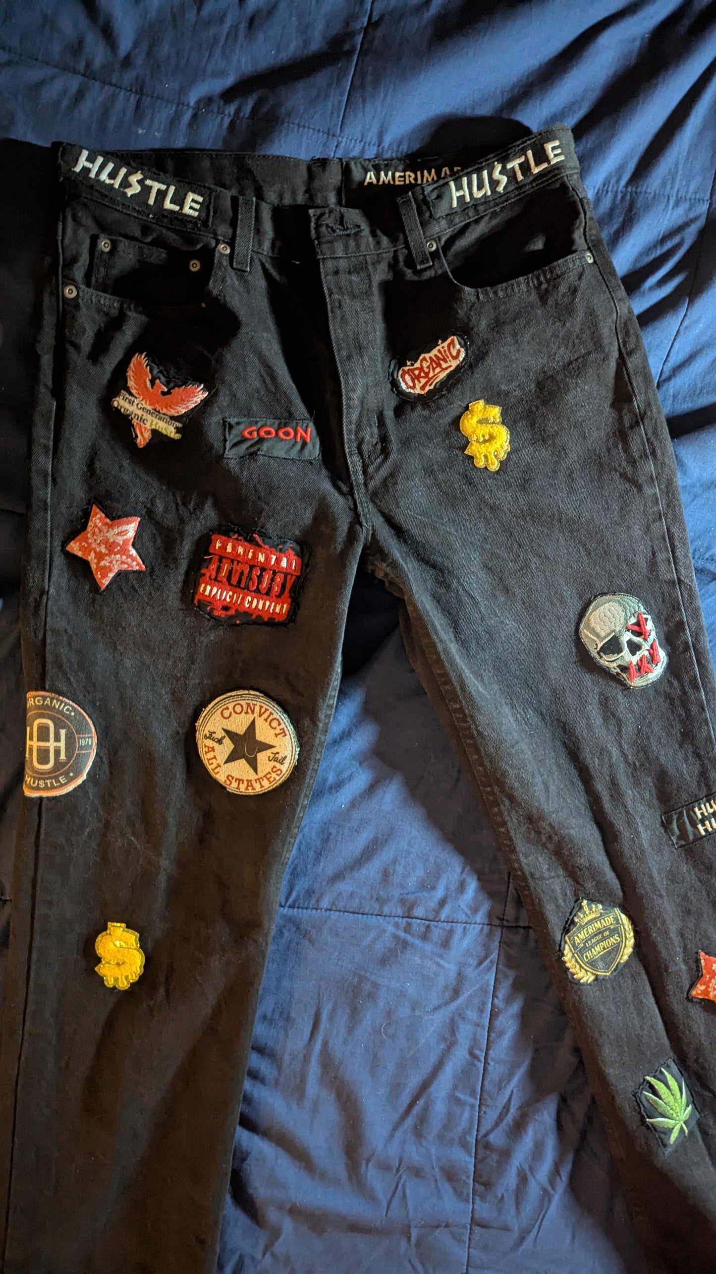 Organic Hu$tle Patchwork Jeans – Custom AMERIMADE Streetwear Denim (Men’s 34x34)