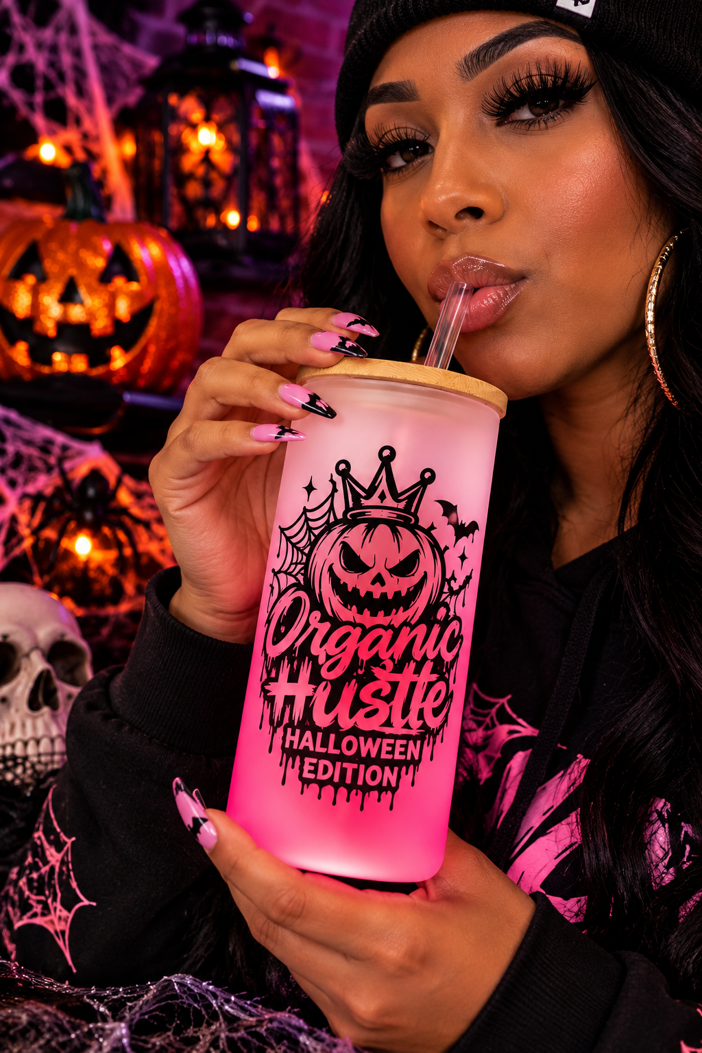 Organic Hu$tle Halloween Edition Pink Frosted Glass Tumbler – 16 oz