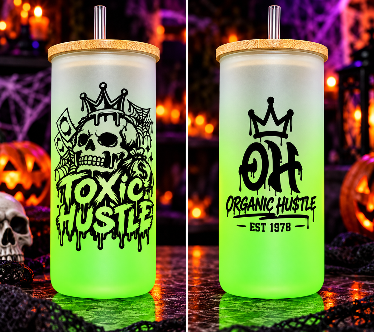 Toxic Hu$tle green frosted glass tumbler front and back
