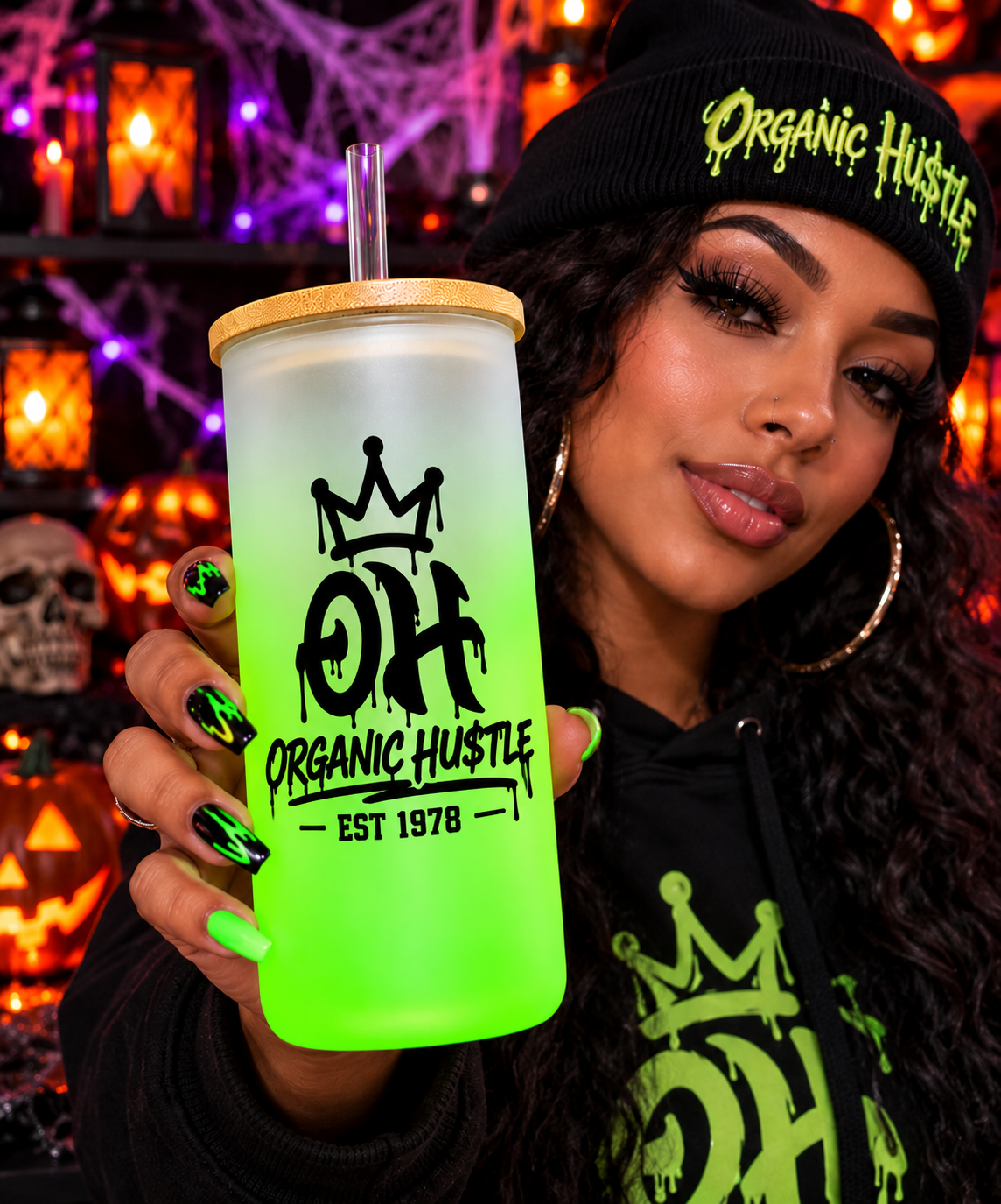 Organic Hu$tle green tumbler lifestyle back